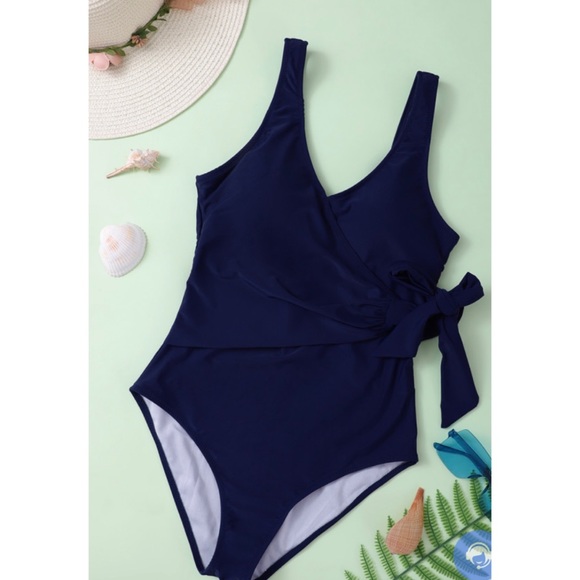 Blue Wrap V Neck One-Piece Swimsuit - Picture 5 of 9